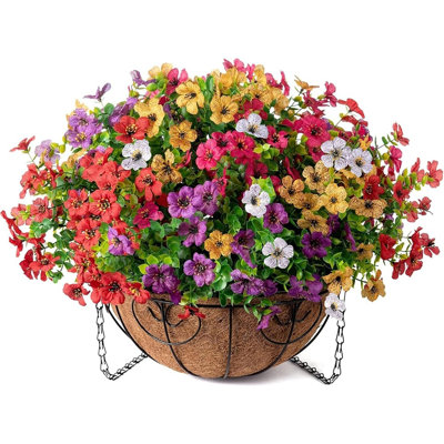 Artificial Hanging Flower Basket – Uv Resistant Faux Daisy & Eucalyptus Hanging Plants For Outdoor Porch, Patio, Balcony, Yard & Home Decor