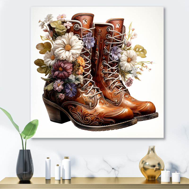 Art mural en métal brun avec bottes Western Flower Blossoms II - Cowboys, H 36 po x l 36 po x P 1,5 po
