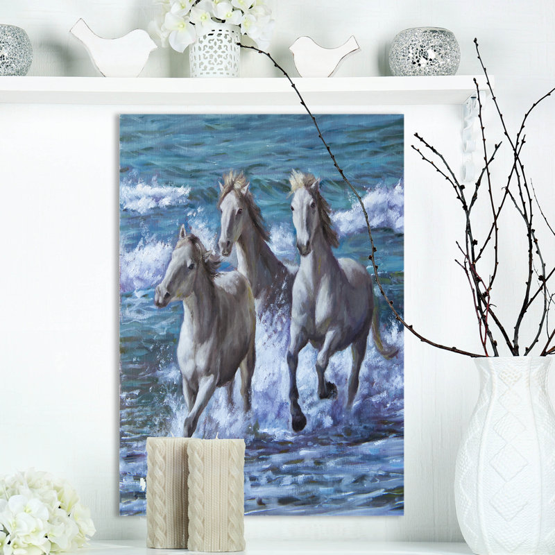 " Three Horses Running In Seaside ", 20" H x 12" W x 1" D, Wrapped Canvas