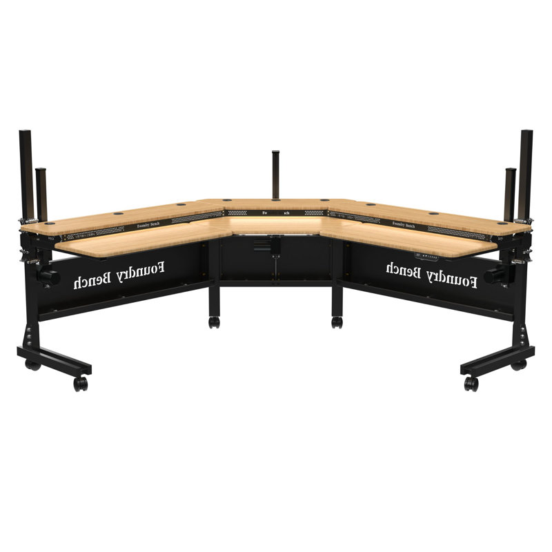 80" x 80" Bamboo and Black Adjustable L-Shaped Corner Desk with USB Ports