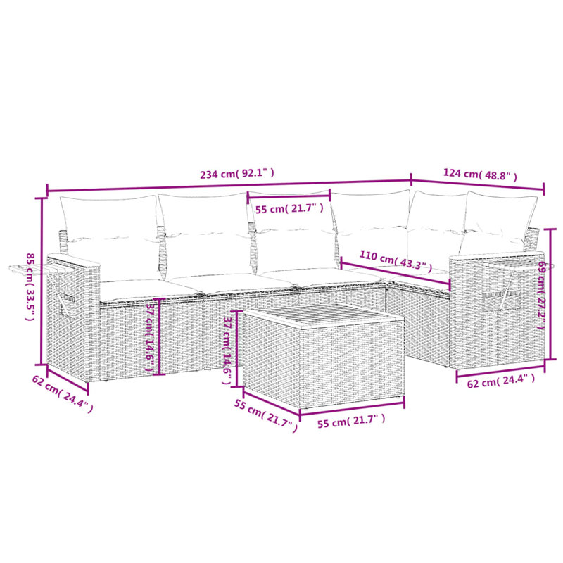  Ensemble de canapé de patio 6 pièces avec coussins en rotin de polyester noir