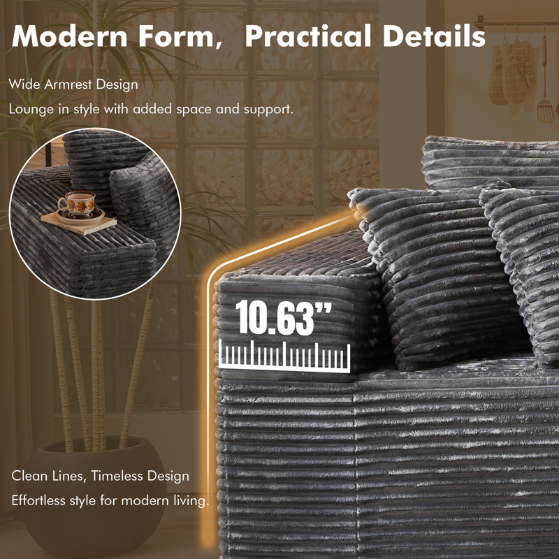 Canapé modulaire rembourré désossé 2 pièces sans assemblage par compression, Velours côtelé gris, Orienté à droite