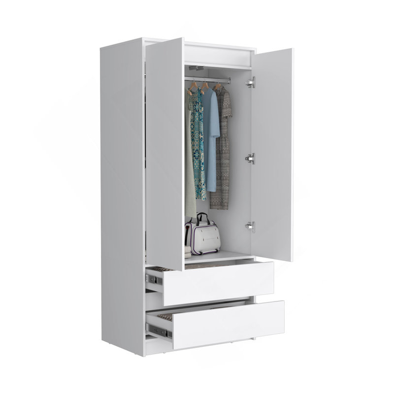 Armoire 2 tiroirs Austin, double porte, tringle - blanc, Blanc