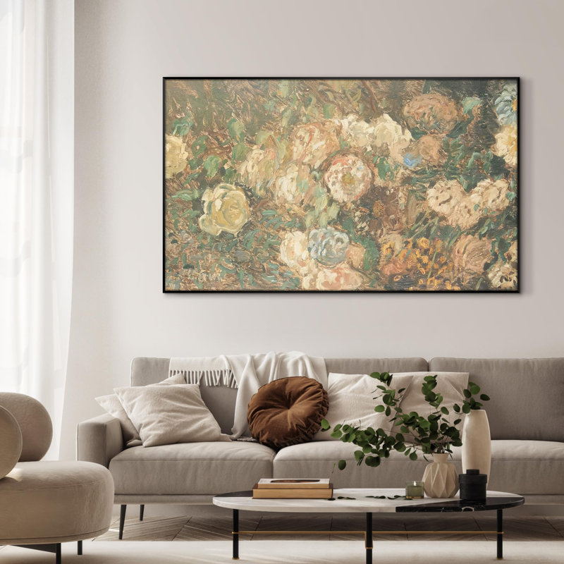Très grande reproduction d'art sur toile - Abstrait rétro impressionniste, illustrations florales, décoration pour le salon ou la chambre à coucher - «Assemblage requis du cadre (cadre non fini)»