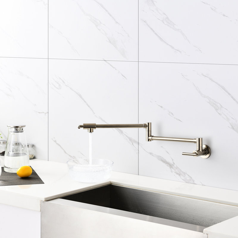 Wall Mounted Folding Kitchen Pot Filler Faucet In Brushed Nickel - Double Handles For Optimal Water Delivery, Corrosion & Fingerprint Surface Treatment, Splash- Aerator Mount Convenient Filling With