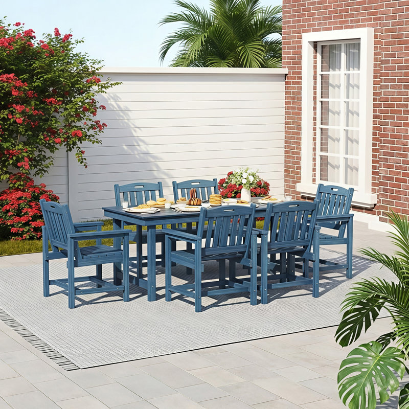 7-Piece HDPE Outdoor Dining Set with 66.9" Marble-Textured Table, 1.91" Umbrella Hole & 6 Wide Chairs—All-Weather Furniture for Porch, Deck, or Backyard, Navy