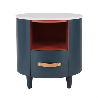 Table de chevet ronde contemporaine et moderne avec tiroir de rangement, table de bout de canapé avec tablette de rangement ouverte, table de chevet au design incurvé pour le salon et la chambre à coucher, assemblage facile