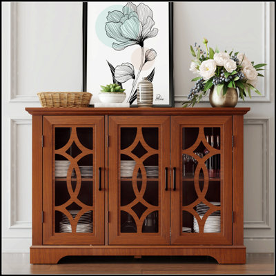 Spacious Sideboard With 3 Clear Tempered Glass Doors And Adjustable Shelf, For Dining, Kitchen, And Living Room Storage