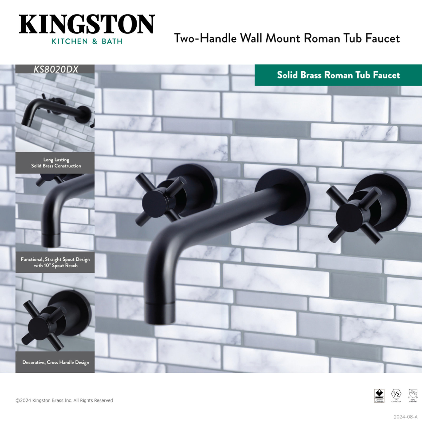 Kingston Brass Concord Two-Handle 3-Hole Wall Mount Roman Tub Faucet, Cross Handle, Brushed Nickel