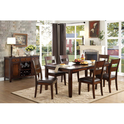 7Pc Dining Set Wooden Table Draw Leaf And 6 Side Chairs Faux Leather