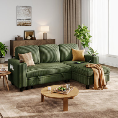 Sherry 81'' Upholstered L Shaped Modular Sectionals with Pull-out Sofa, Storage Chaise, USB Charging & Cup Holders