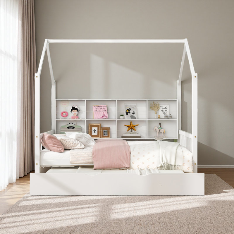 Wooden House Bed With Trundle,Shelf, Full