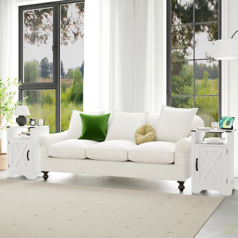 Table de chevet Farmhouse, table de bout rustique en bois, table de chevet haute avec prises de courant (2 ensembles), Blanc