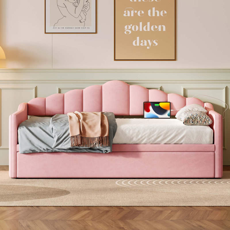 Upholstered Twin Size Daybed With Adjustable Height Pop Up Trundle Twin Bed And USB & Type-C Charging Port