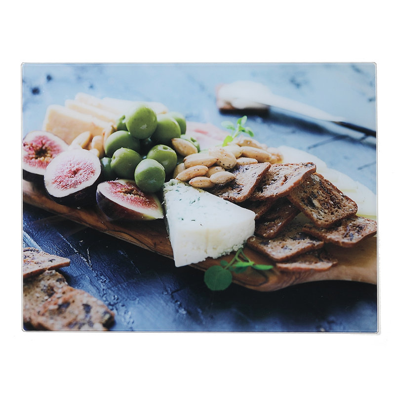Planche à découper en verre avec fromage et olives, L 16 po x L 12 po
