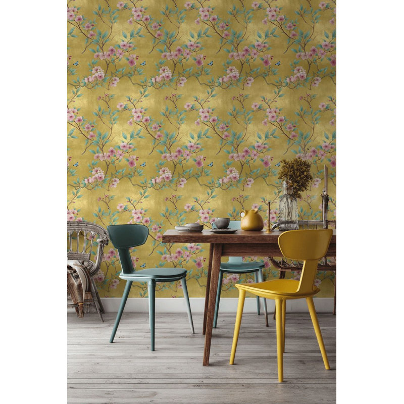 Papier peint adhésif chinois à motif de fleurs d'or chinoiserie