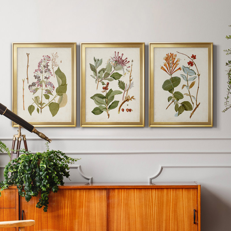 «Vintage Flowering Trees II», ensemble de 3 impressions sur toile encadrées, Doré, H 26,5 po x l 109,5 po x P 1,5 po