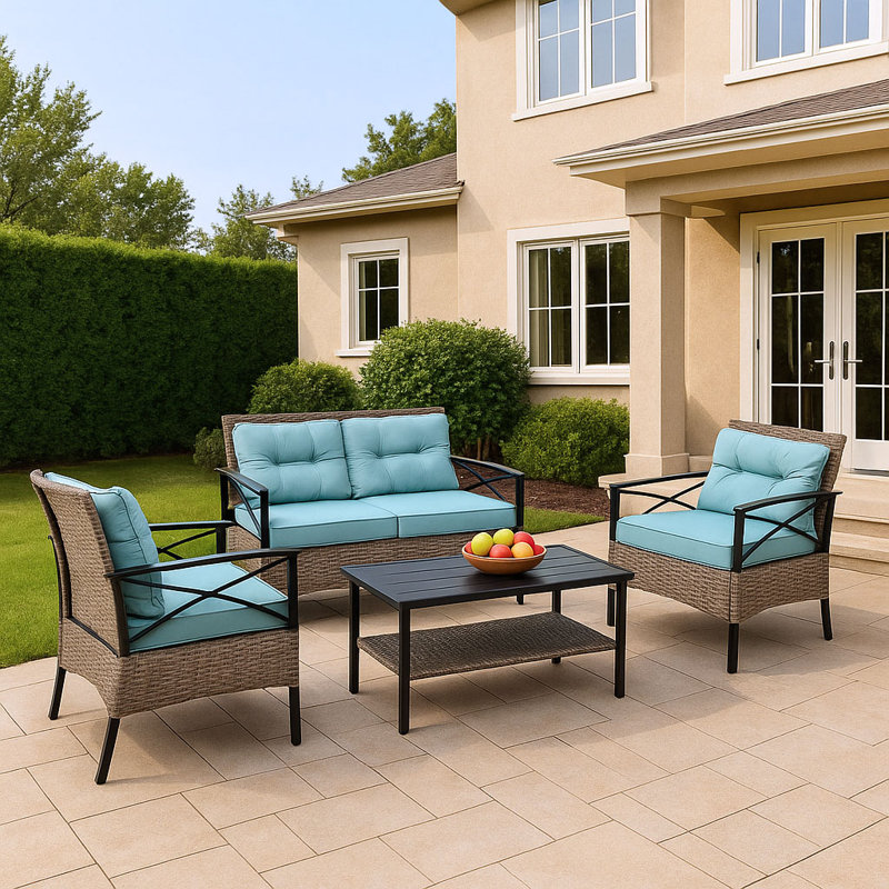 Ensemble de conversation en rotin 4 pièces avec coussins imperméables pour patio / balcon