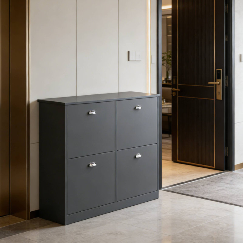 Elegant Gray Original Wood Slim Shoe Cabinet, 4 Hidden Drawers For Hallway Foyer Mudroom Living Room Entryway, Gray