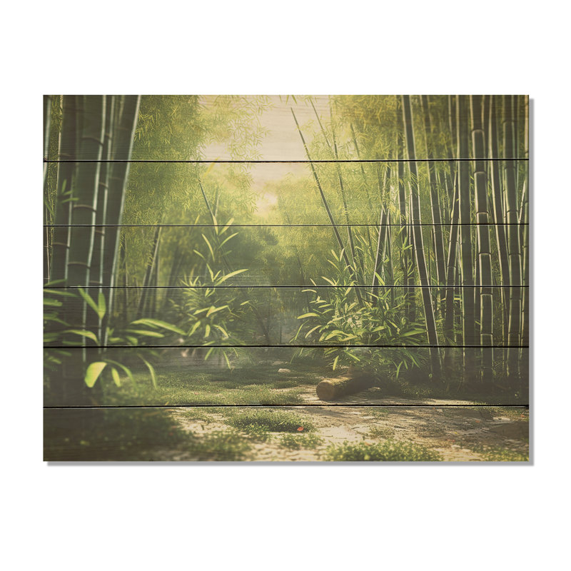«Dynamic Light Bamboo Grove I», art mural en bois de bambou sur bois de pin naturel, H 30 po x l 40 po