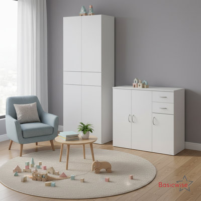  Ensemble de 1 table buffet avec tiroirs et rangement à portes multiples, plus 1 grande armoire avec compartiments et tablettes réglables, parfaite pour la cuisine, le salon, la salle à manger ou le bureau, blanc