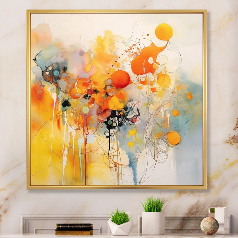 Orange and Yellow Color Whirls III - Abstract Minimalism Canvas Wall Art, Gold Floater Framed, 16" H x 32" W x 1" D