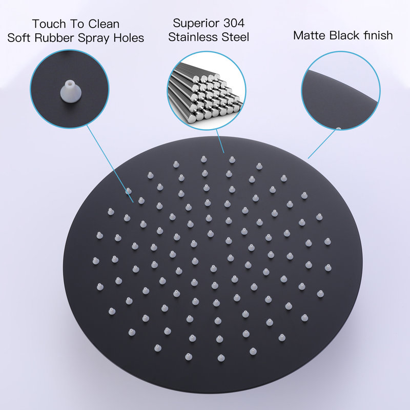 Pomme de douche à angle de pluie réglable 12 "en acier inoxydable 12 gallons avec auto-nettoyage, Noir