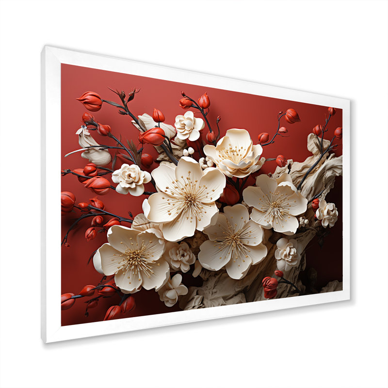 Orchidée blanche et rouge, branches de fleur V - art mural floral abstrait, H 12 po x l 20 po x P 1 po