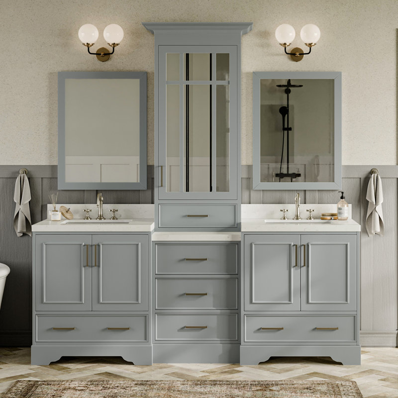 84.25'' Double Bathroom Vanity with Carrara Quartz Top, Gray