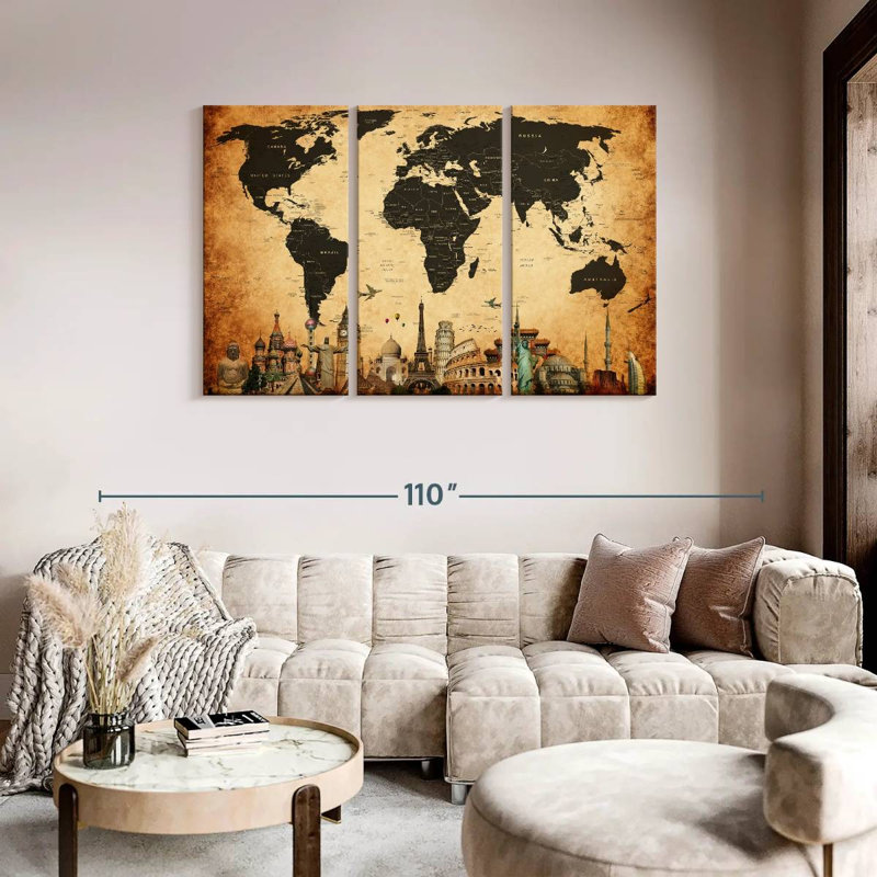 Carte du monde rétro, impression sur toile, H 74 po x l 48 po x P 1,25 po