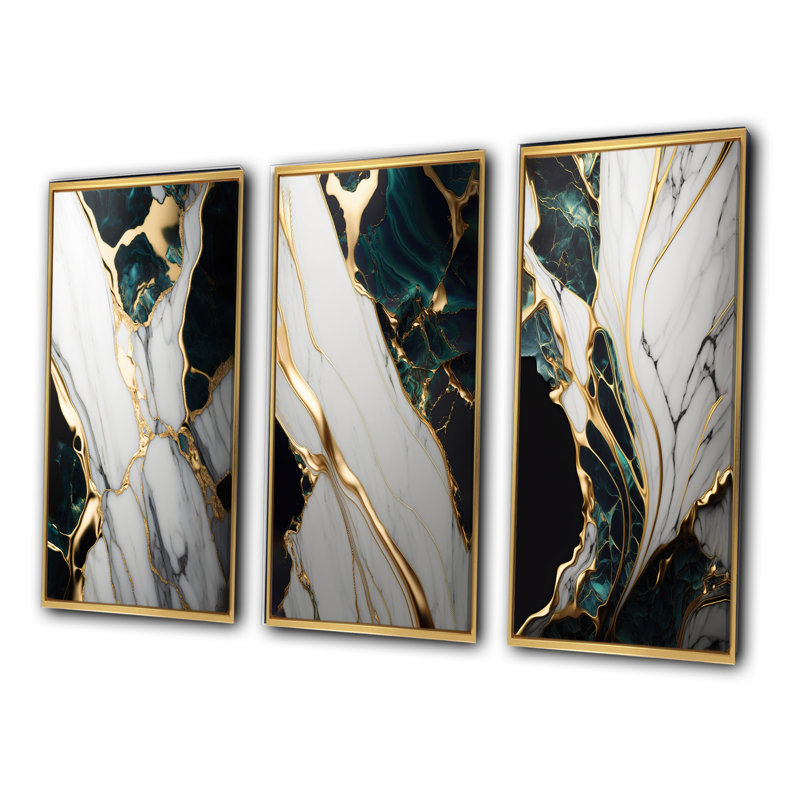 «Gold Green Geode», ensemble de 3 toiles - Géode abstraite dorée et marbre vert, Doré, H 40 po x l 60 po
