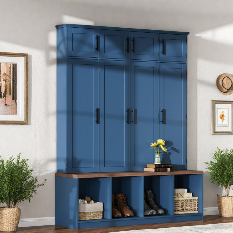 Farmhouse Hall Tree with 4 Hidden Hooks, Walnut Seating Bench, 8-Door Shoe Cabinet & Open Compartments for Entryway, Blue