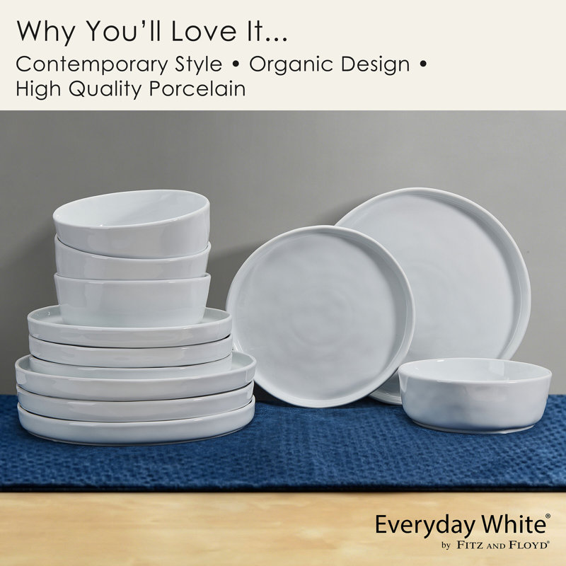 Fitz and Floyd Everyday White Porcelain 12 Piece Dinnerware Set