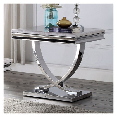 Table de bout 1Pc de style moderne glam 18mm en faux marbre sur le socle de la table basse en acier inoxydable avec structure en métal - non incluse