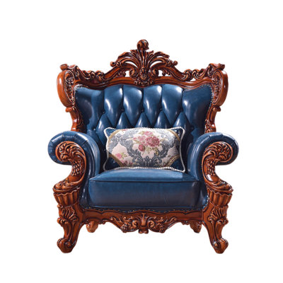 European Leather Solid Wood Carved Chair Leather Armchair