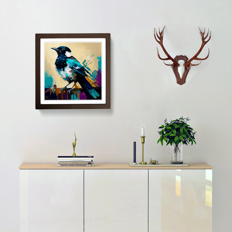 Magpie Palette Knife Painting No.1 - Single Picture Frame Print on Wood, Walnut