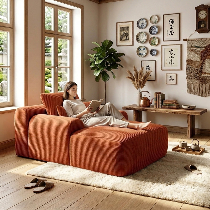 Boneless 66 Inch Chaise Lounge Chair Indoor, Oversized Corduroy Sleeper Chair with Throw Pillows, Upholstered Reading Chairs Boneless Deep Seat Sleeper Couch for Living Room, Bedroom, Movie Room
