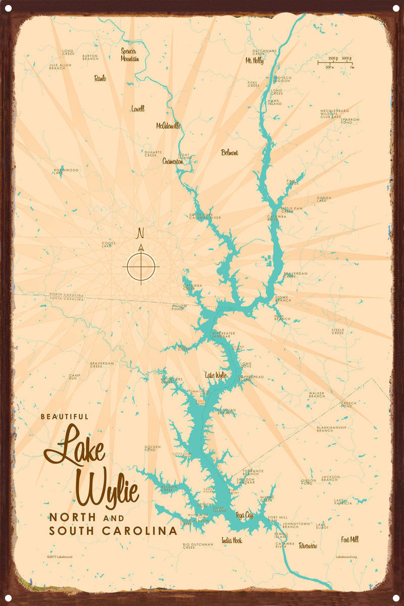 Lake Wylie North Carolina & South Carolina Map Rustic Metal Art Print