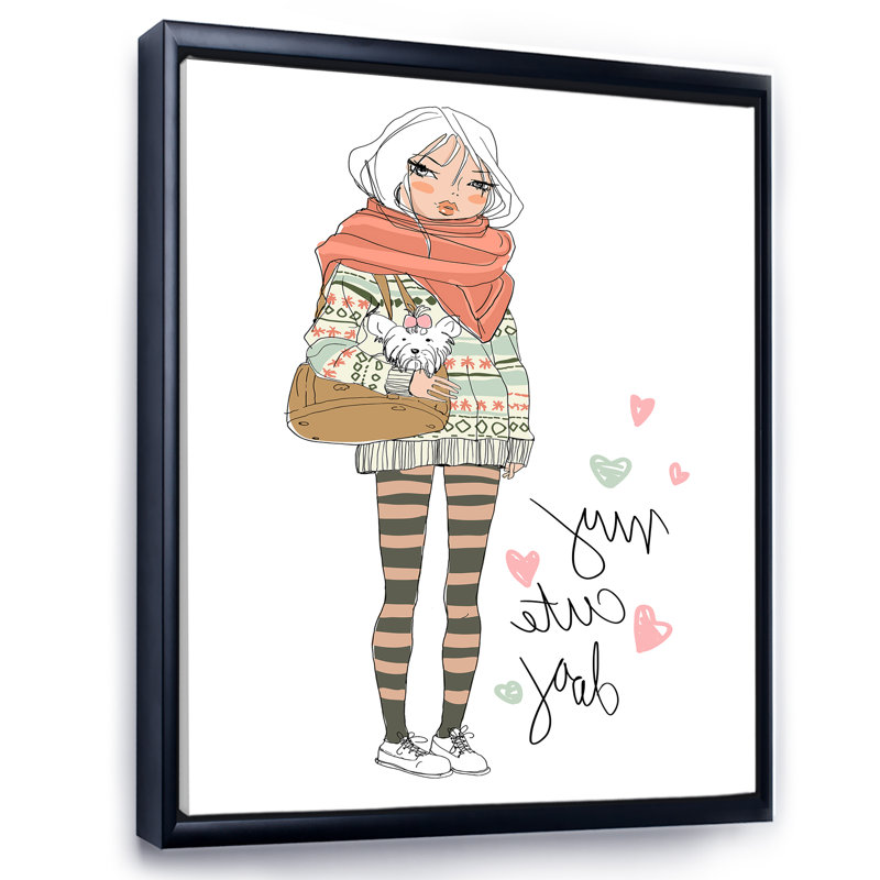 «Cute Girl With Dog», reproduction sur toile flottante, H 40 po x l 30 po x 1,5 po, Noir