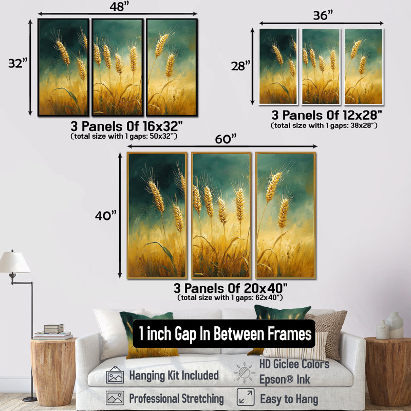 «Green Golden Wheat Fields II», ensemble d'art mural ferme, Toile avec cadre flottant or, H 40 po x l 60 po x P 1 po