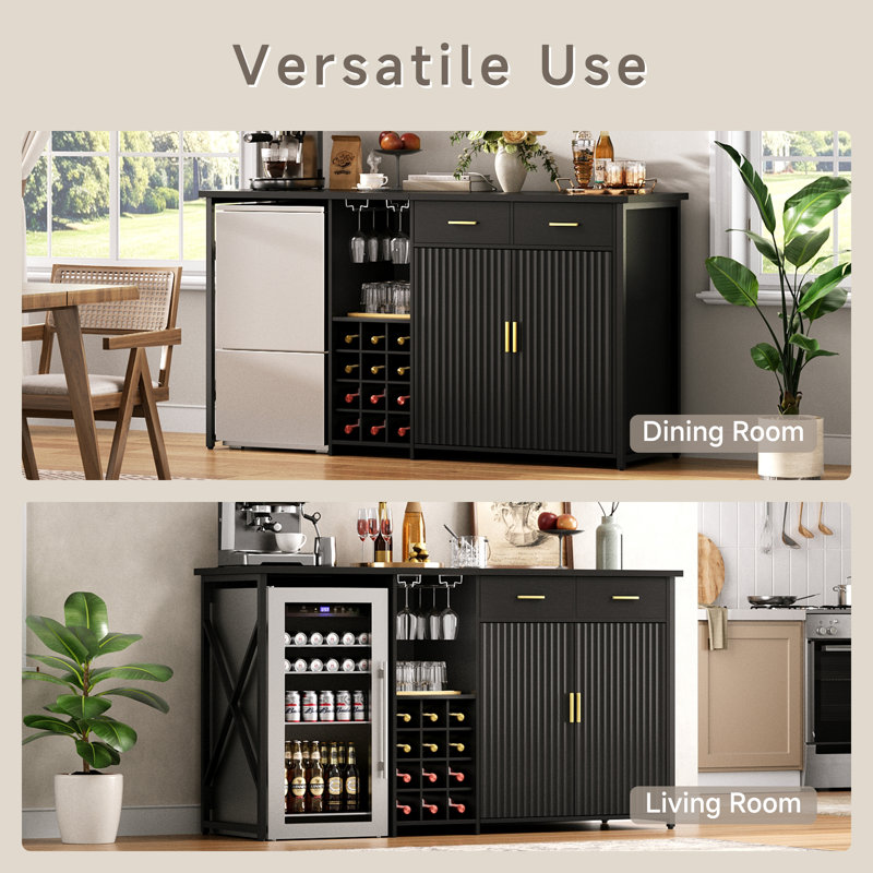 Sideboard With Fridge Space, 69.01" Mini Fridge Cabinet,Long Coffee Bar Cabinet Wine Liquor Cabinet Buffet With Wine Rack Drawer Power Outlet For Kitchen Dining Room, Home Bar Black 12037D61AACA4EC7B06AC2E753C50EC4
