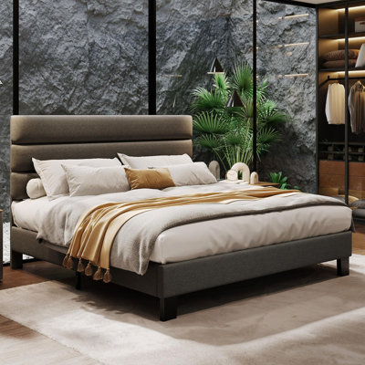 Structure de lit très grand avec tête de lit réglable, support en tissu de lin et lattes de bois, sommier robuste pour lit plateforme, pas de sommier requis, assemblage facile, gris foncé