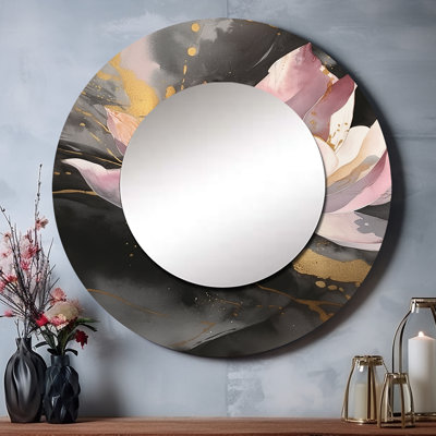 Rafel rose lotus floral Serenity I - lotus unique miroir mural, miroir rond rose, impression d'art en métal