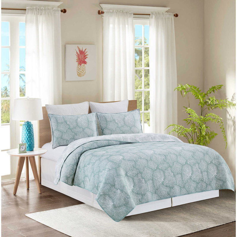 Coral Jacquard Reversible Quilt Set, Blue, King Quilt + 2 King Shams