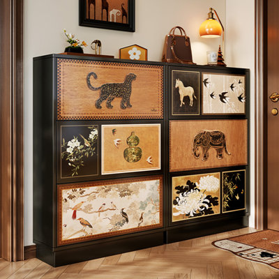 Vintage Hand-Painted Flip Shoe Cabinet, Slim Narrow Large-Capacity Entryway Storage Cabinet for Small Space Foyer