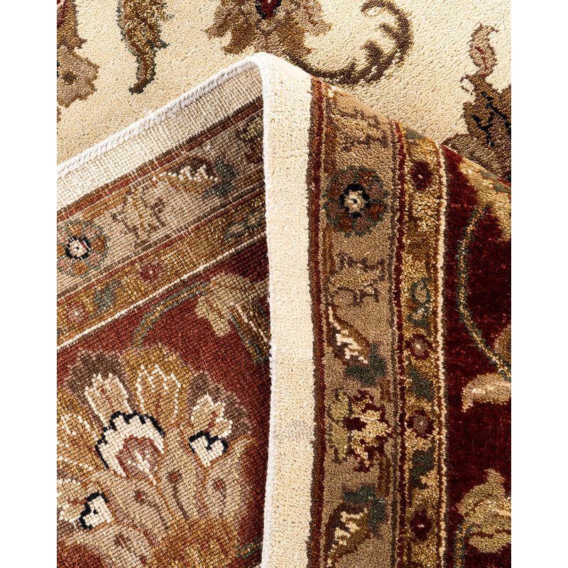 Ivory and Red Hand-Knotted Wool Rectangular Area Rug