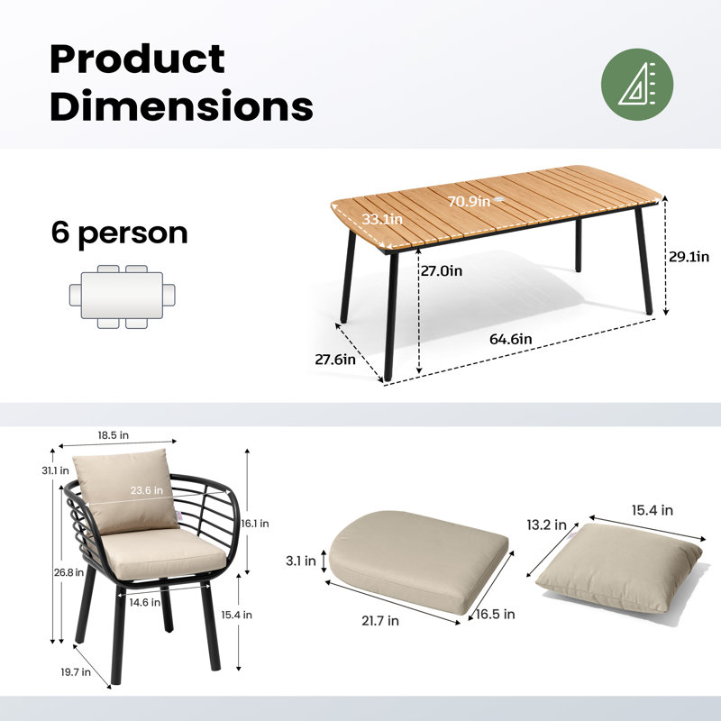 6 - Person Oval Outdoor Dining Set With Sunbrella Fabric Cushions, Brown, Beige