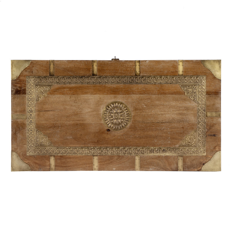 Nador Hand-Painted Brass Inlay Storage Trunk Coffee Table, Light Brown/ Gold