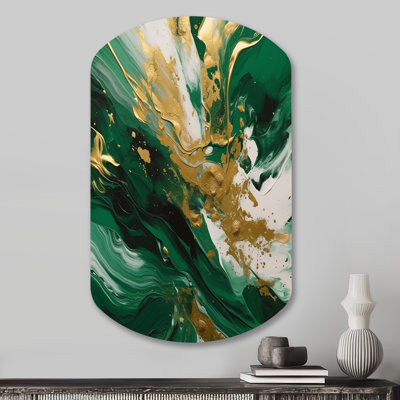 «Green and Gold Serene Cascade II», art mural cylindrique abstrait en métal, reproduction d'art asymétrique verte