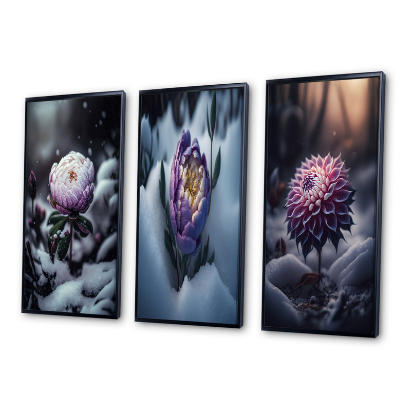 «A Blooming Puple Peony Flower in Winter», ensemble de 3 impressions, Cadre flottant noir, H 40 po x l 60 po